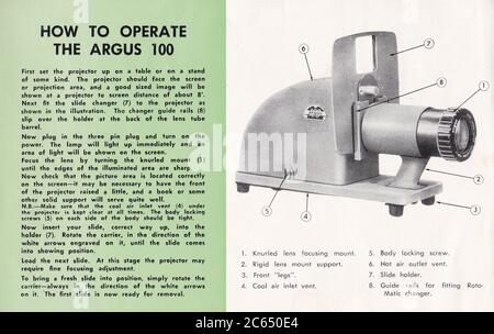 Vintage `Argus `100` 35-mm-Projektor` Handbuch 1940er Jahre. Stockfoto